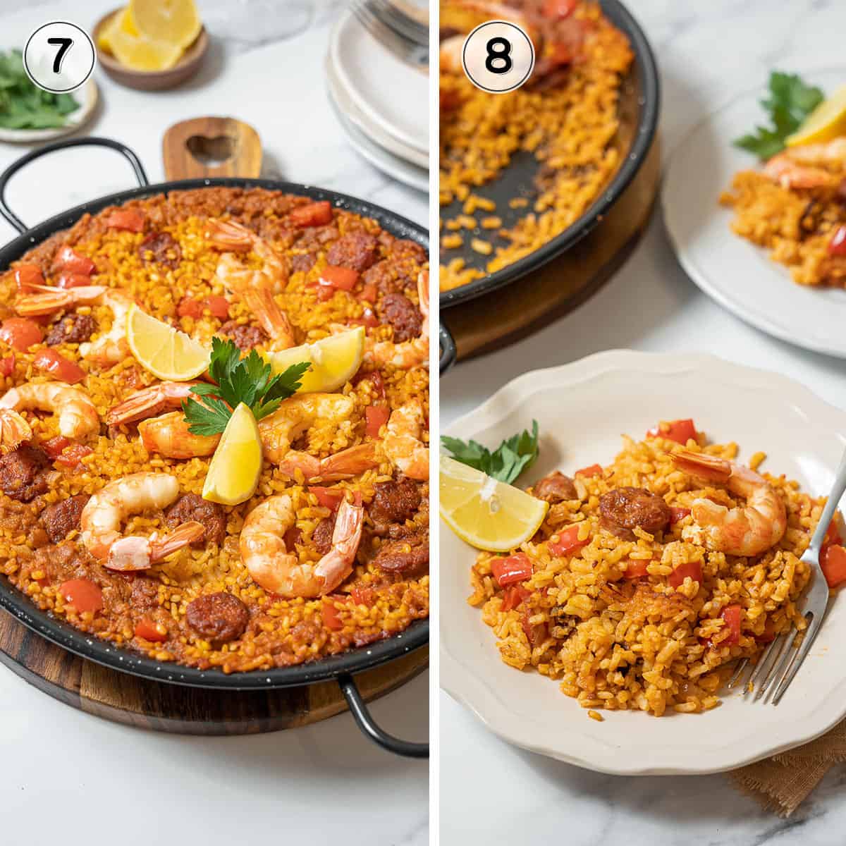 cooking and serving the prawn and chorizo paella.