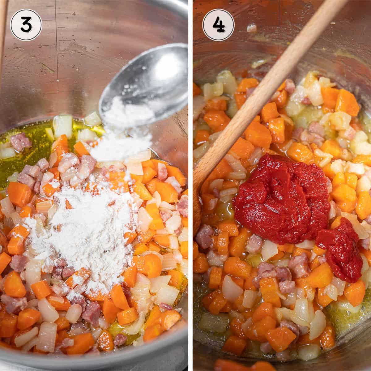 adding the flour and tomato paste to the mixture.