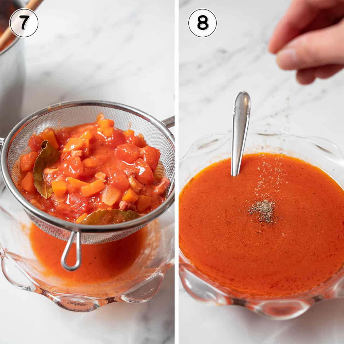 straining the tomato sauce and seasoning it.