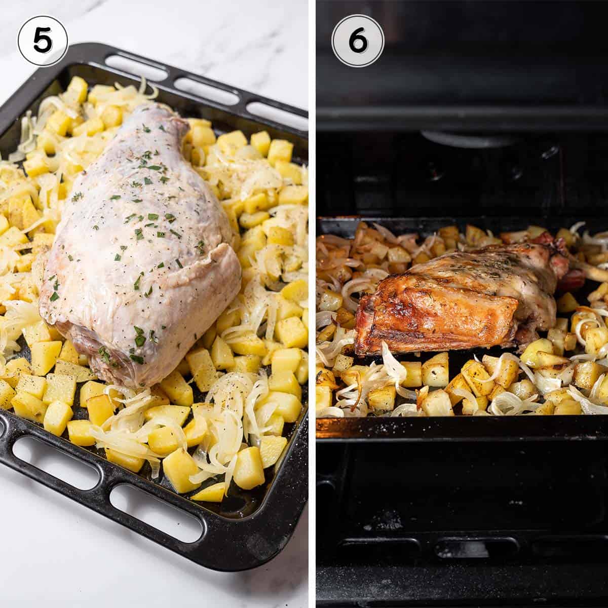 placing the roast in a pan and baking it in the oven.