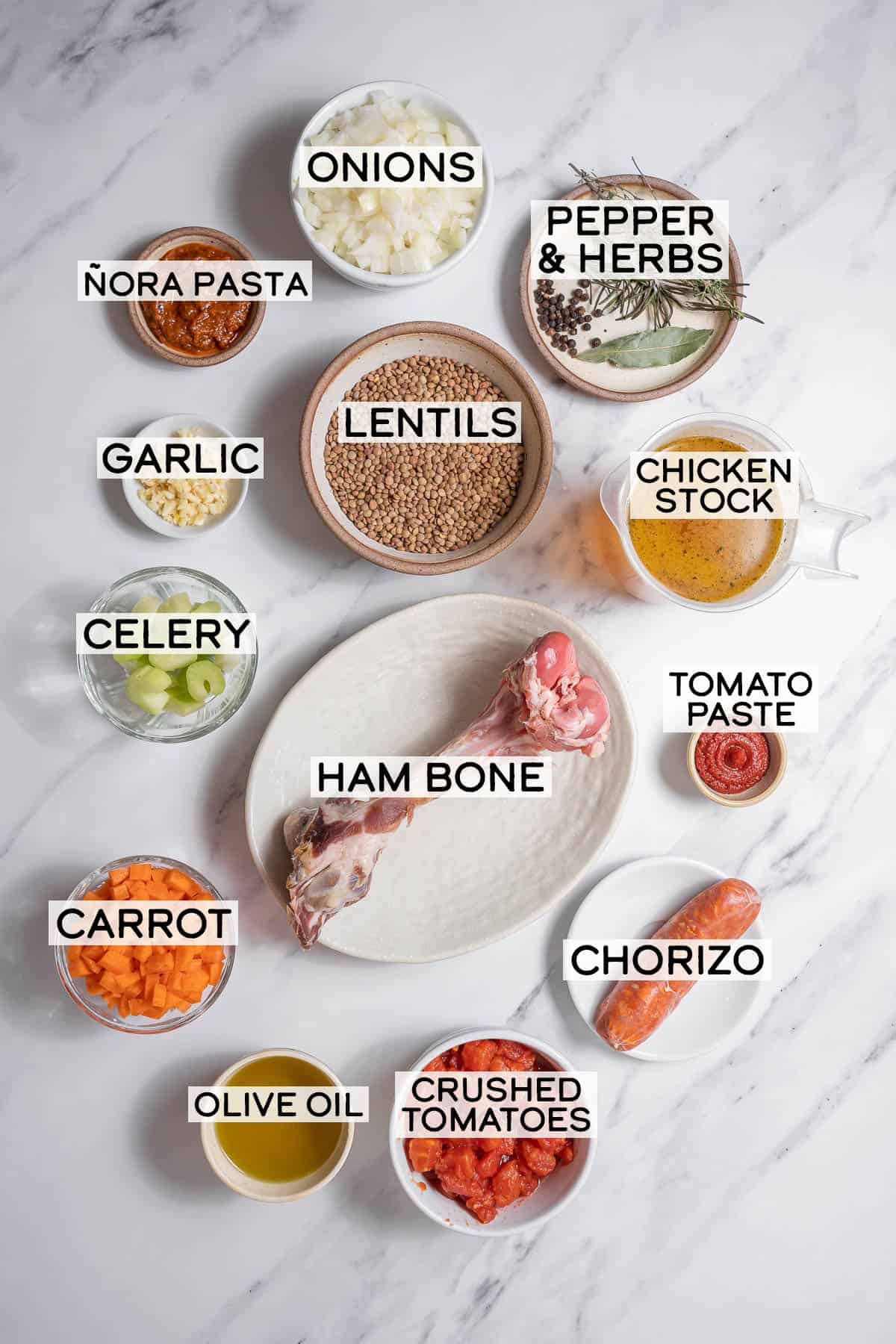 bowls of ingredients for lentejas con chorizo.