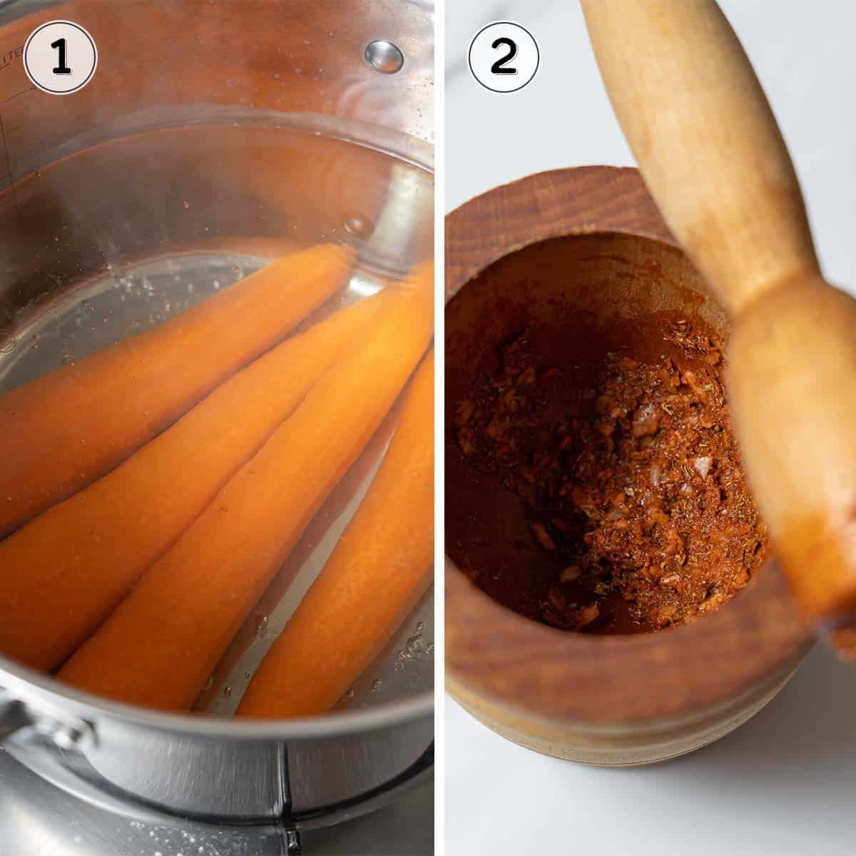 boiling the carrots and grinding the spice paste.