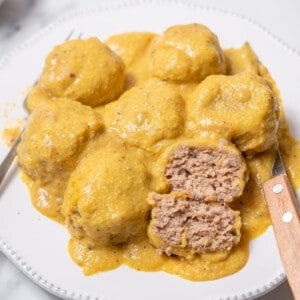 plate of Spanish meatballs with almond sauce.
