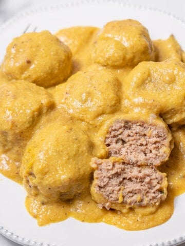 plate of Spanish meatballs with almond sauce.