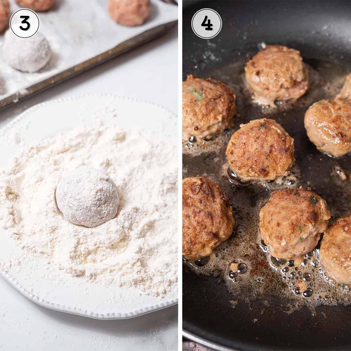 coating in flour and frying the meatballs.