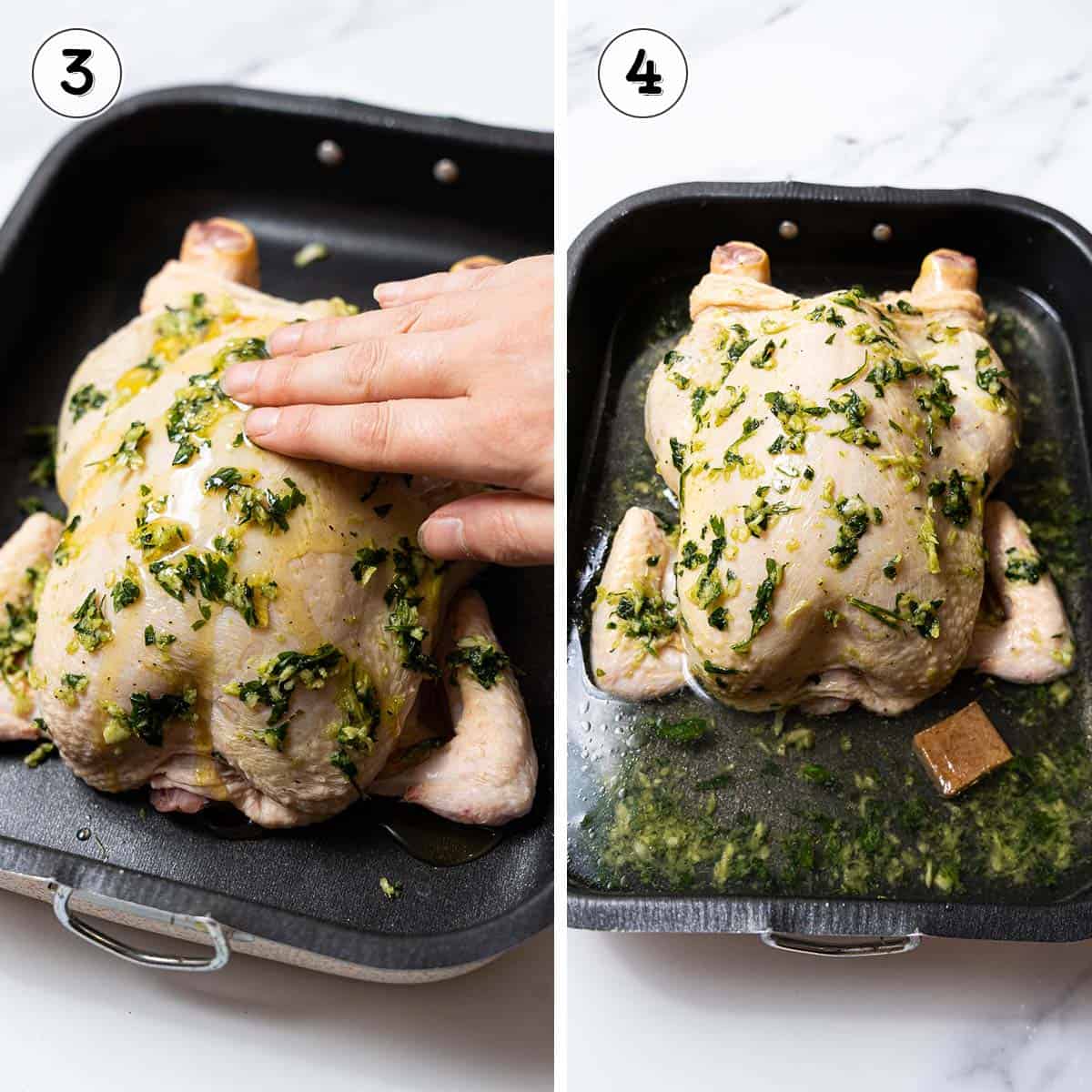 rubbing the chicken with the paste and olive oil and putting in the roasting pan.