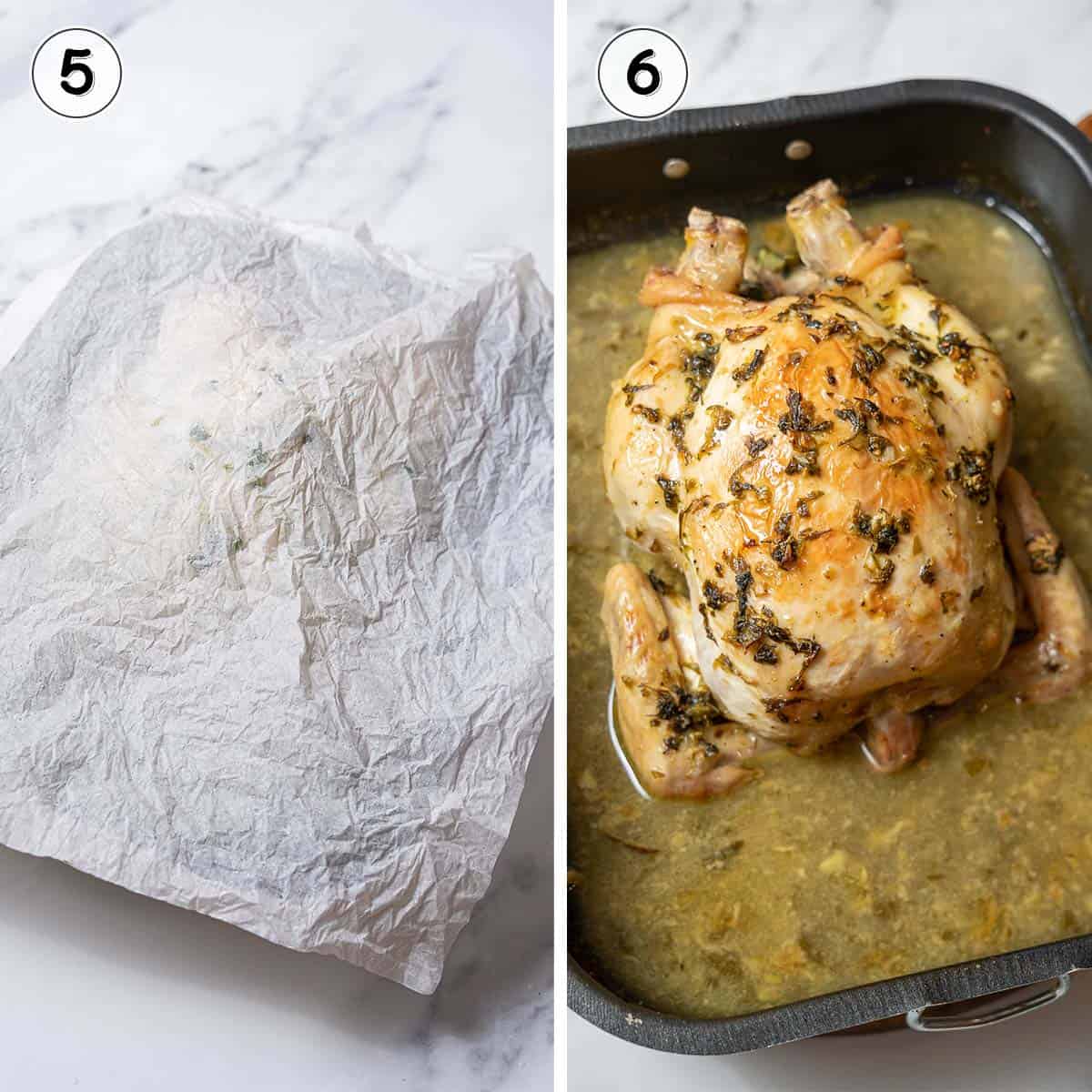covering and roasting the chicken in a pan.