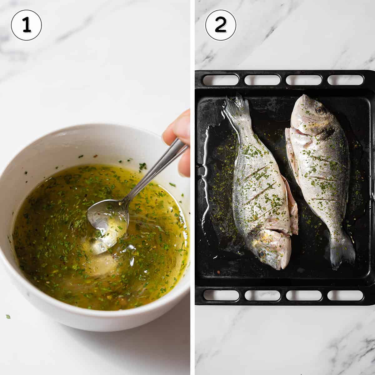 mixing the marinade and pouring it over the bream.