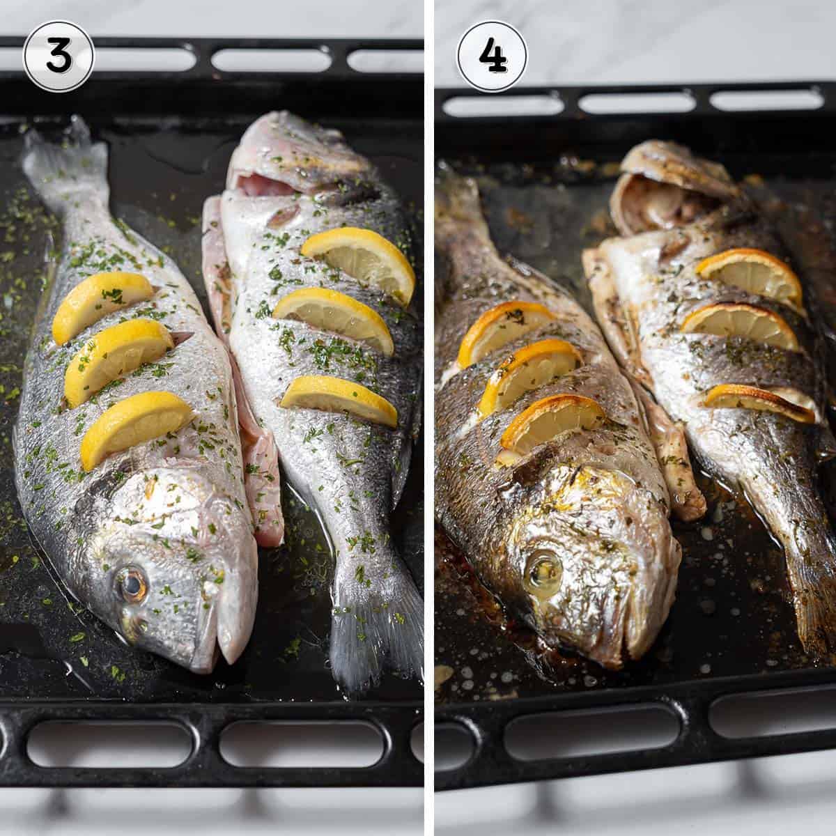 before and after baking the bream.