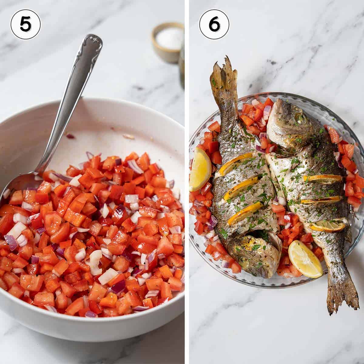 mixing up the tomato salad and serving the bream.