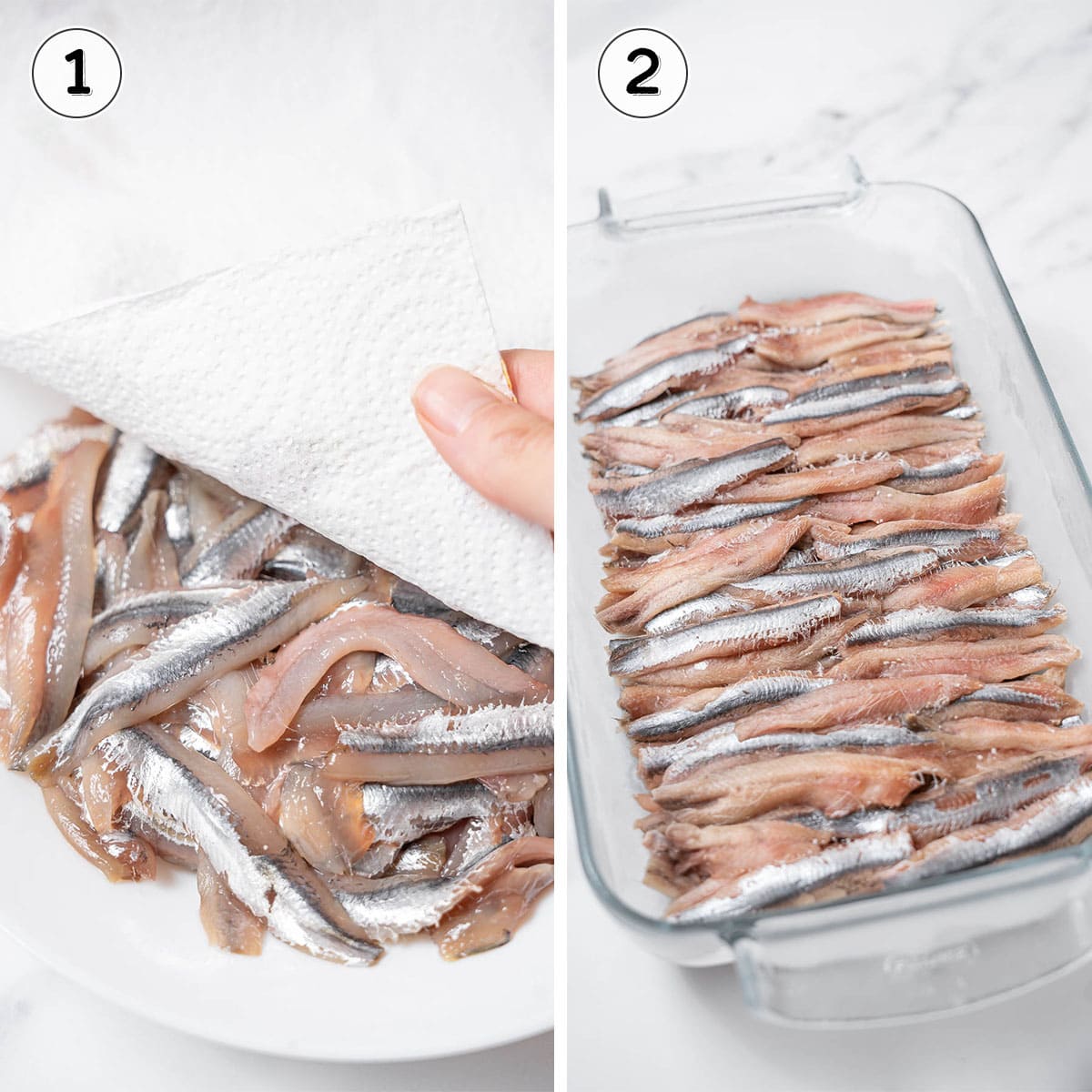 patting dry the anchovies and freezing in a dish.