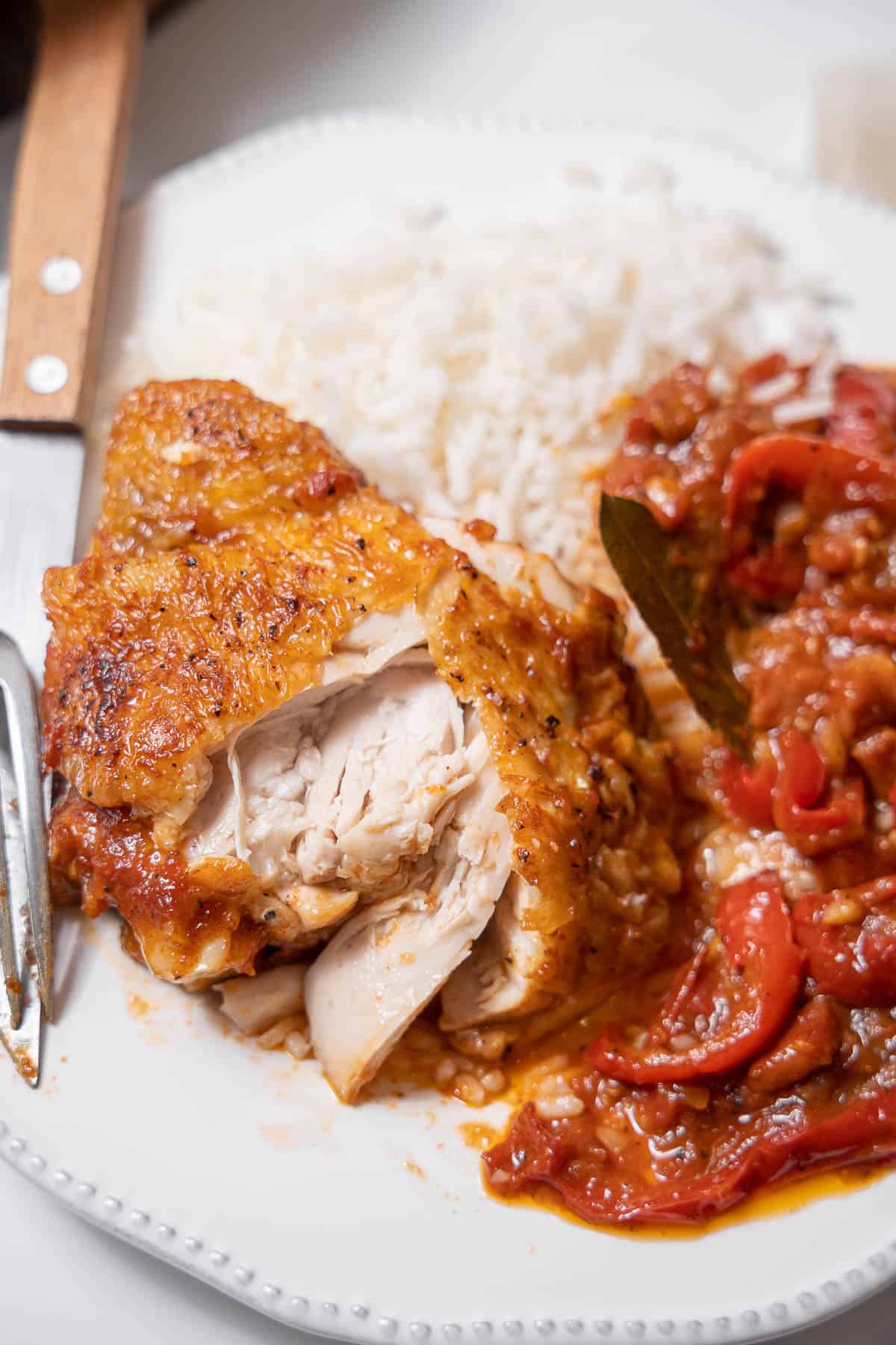 chicken chilindrón on a plate with the sauce and cooked rice.