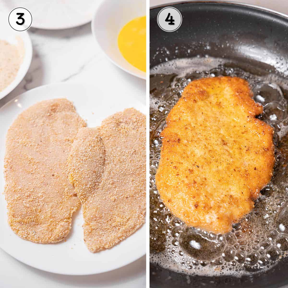 breading and frying the chicken breasts.