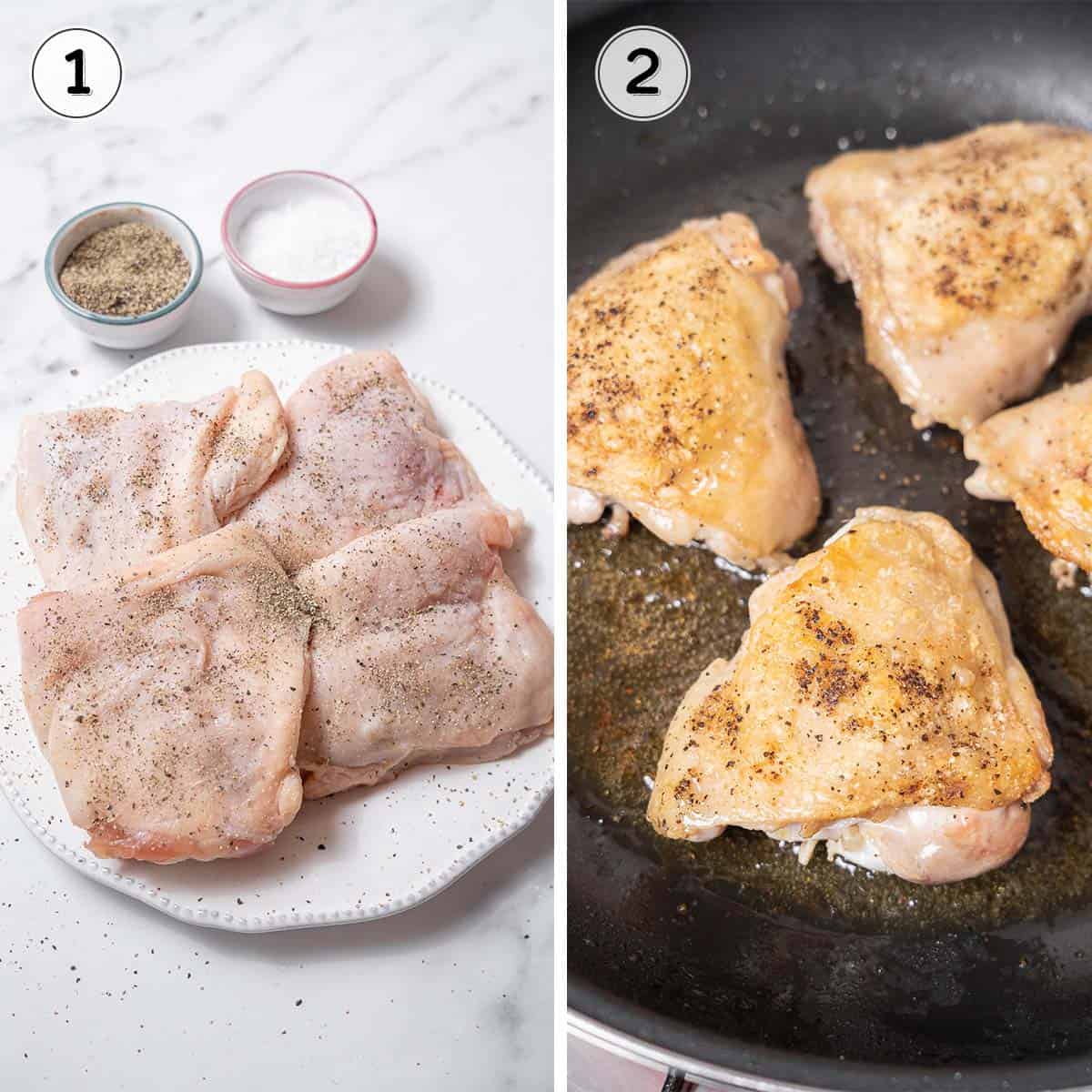 seasoning the chicken and browning it in a pan.