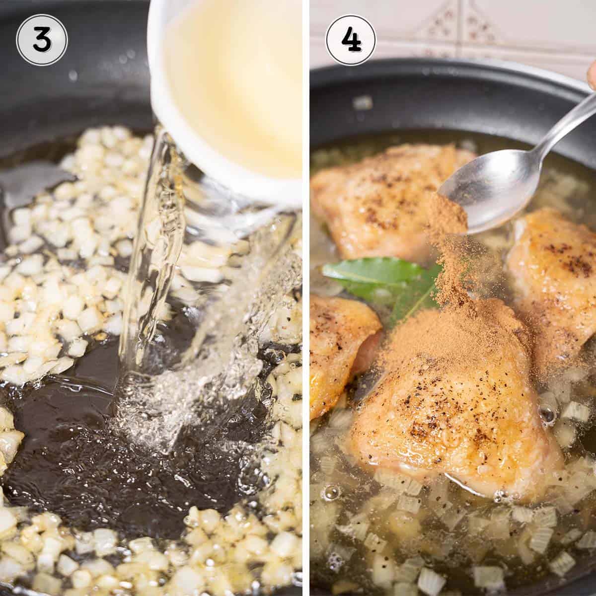 adding the white wine, seasoning, and chicken to a pan.