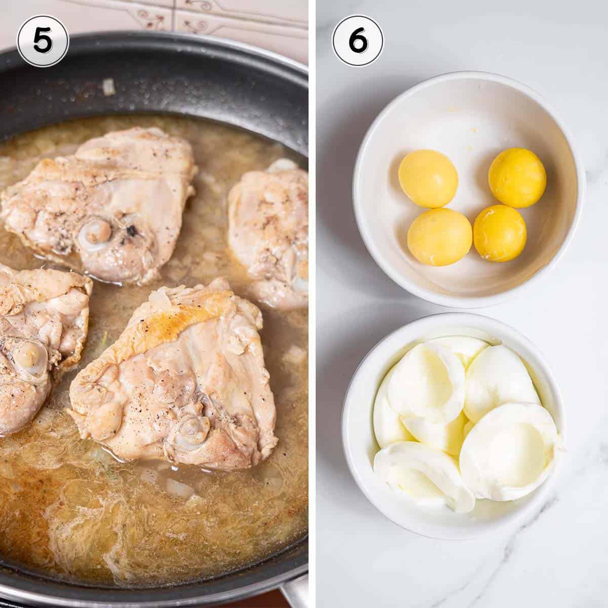 cooking chicken and separating boiled eggs.