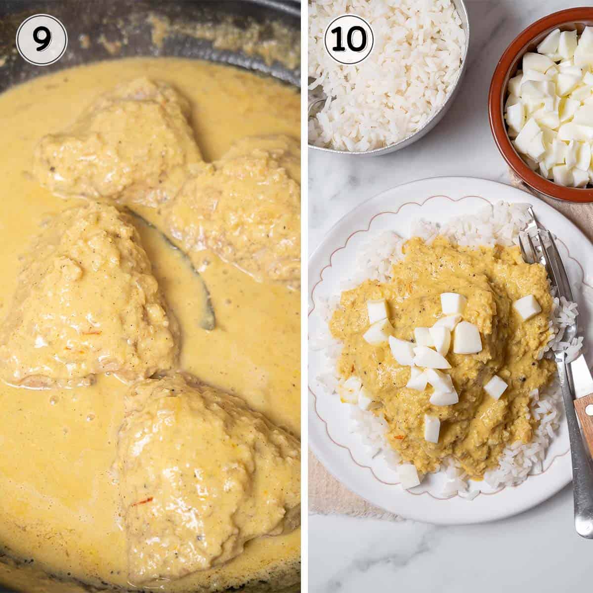 cooking the chicken in almond sauce and serving.