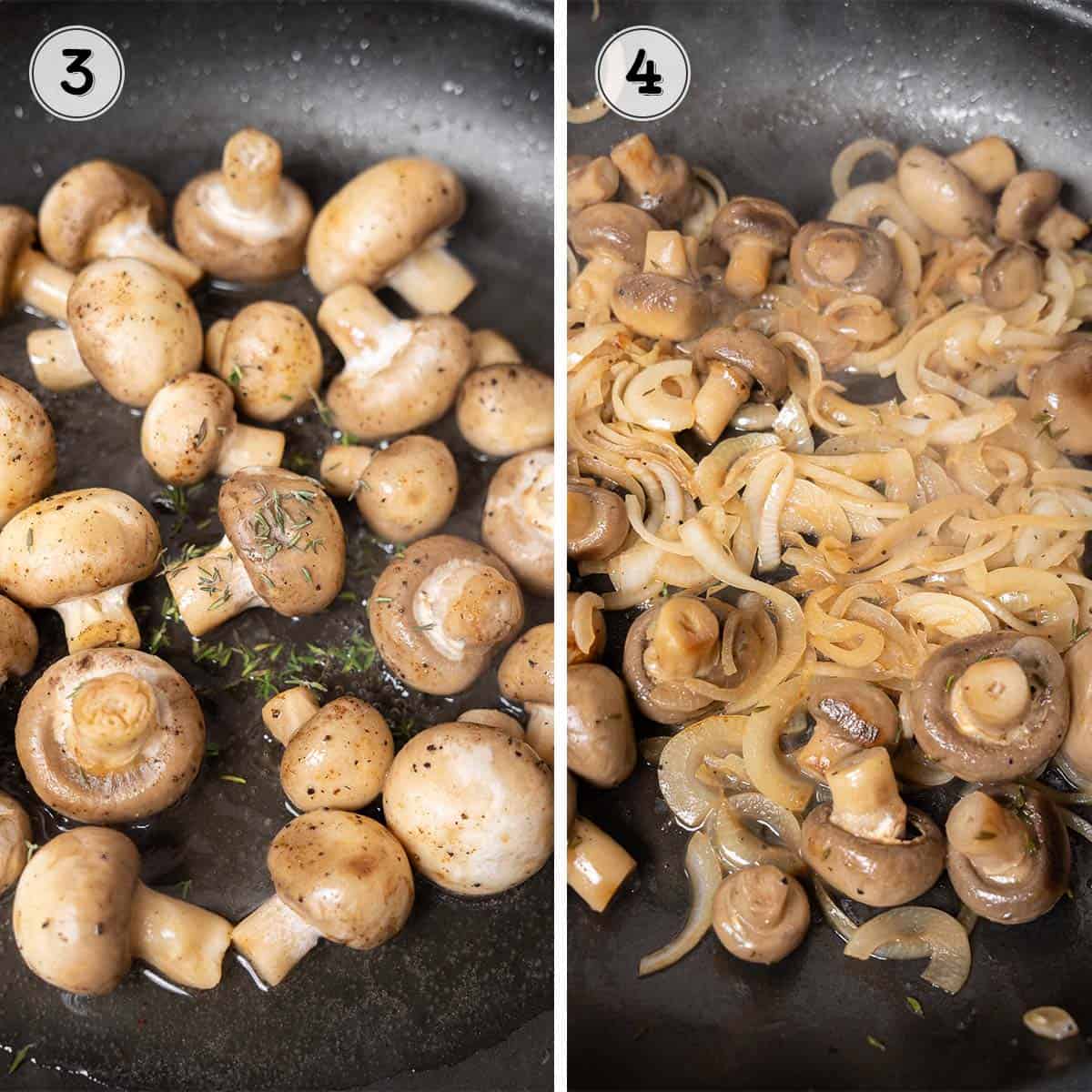 cooking the mushrooms and onions in a skillet.