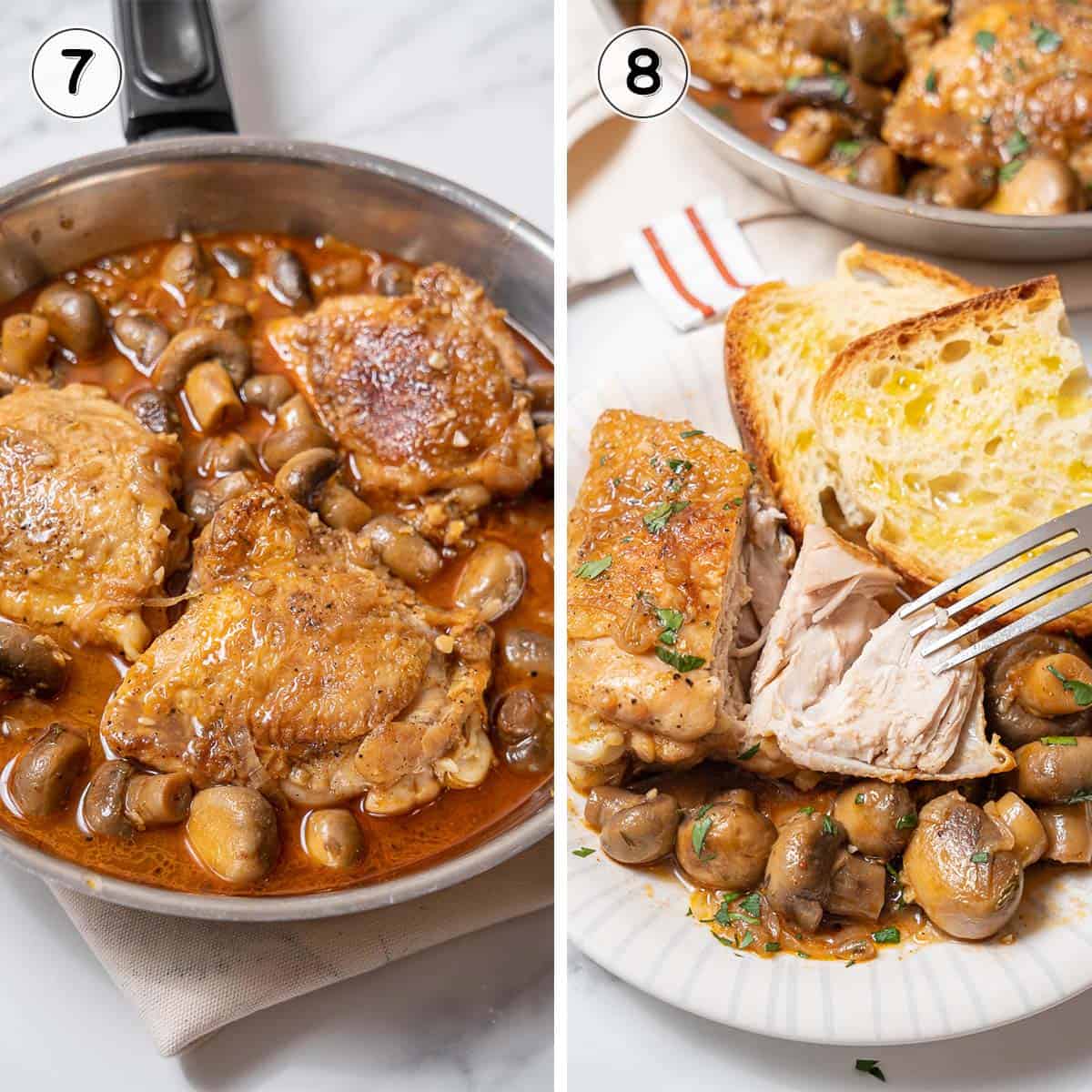 serving the chicken and mushrooms with bread.