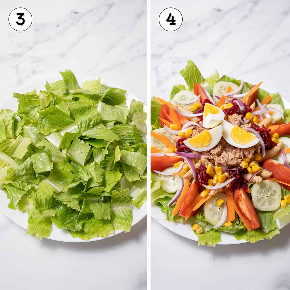 layering the lettuce and veggies on a plate.