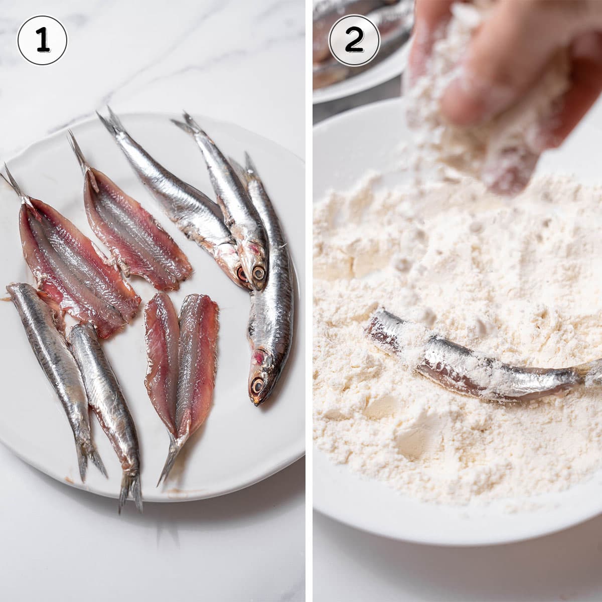 prepping and breading the anchovies.