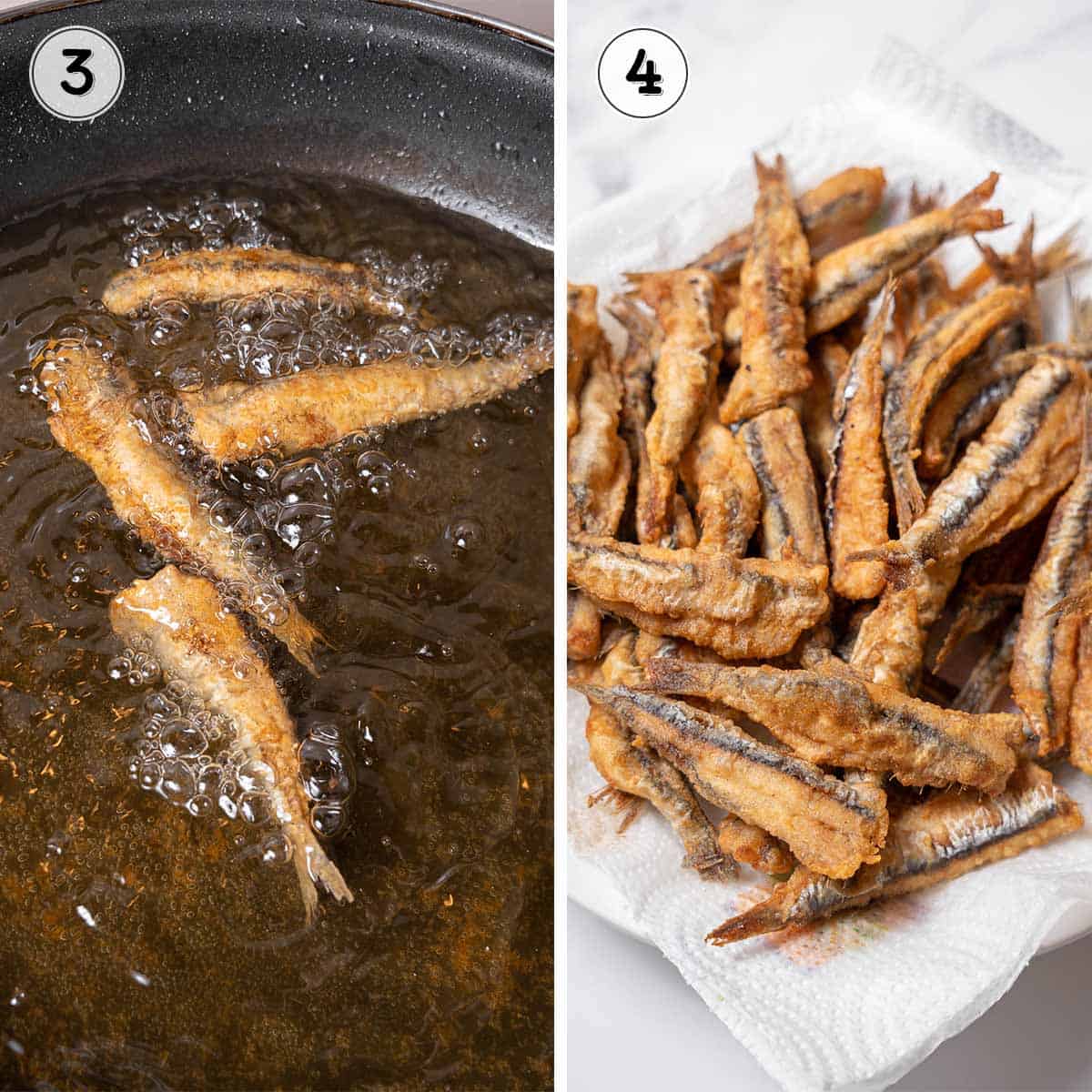 frying the anchovies and draining them.