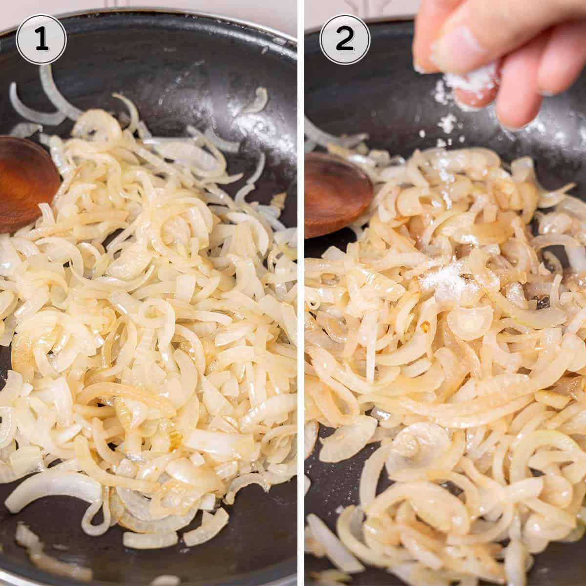 sautéing the onions and adding salt, sugar, and vinegar.