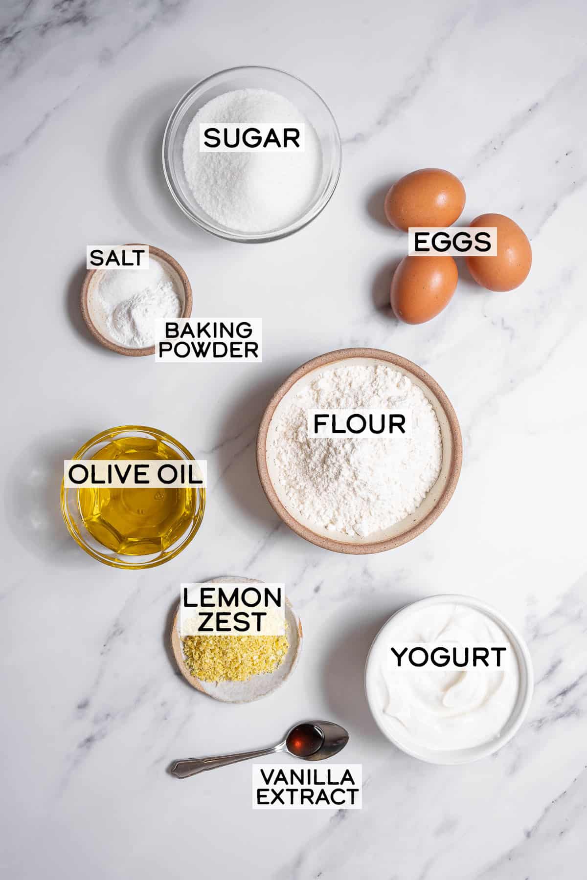 bowls of ingredients for lemon yogurt cake.