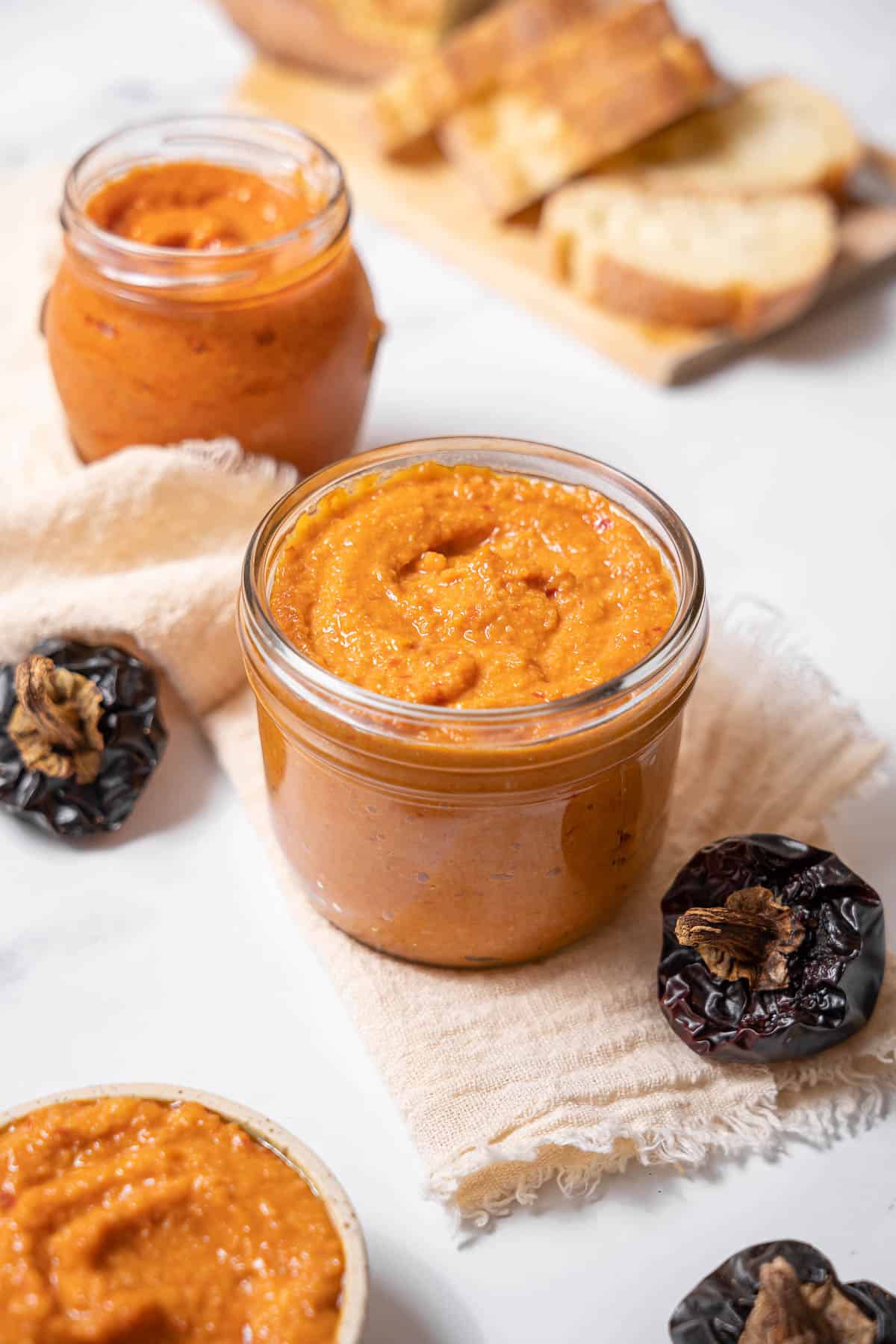 romesco sauce with sliced bread.