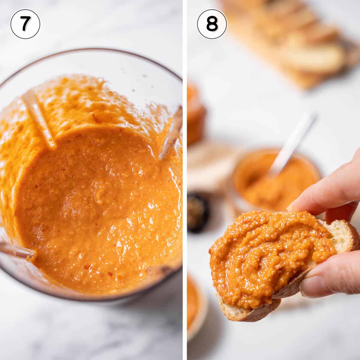 blending and serving romesco sauce on bread.