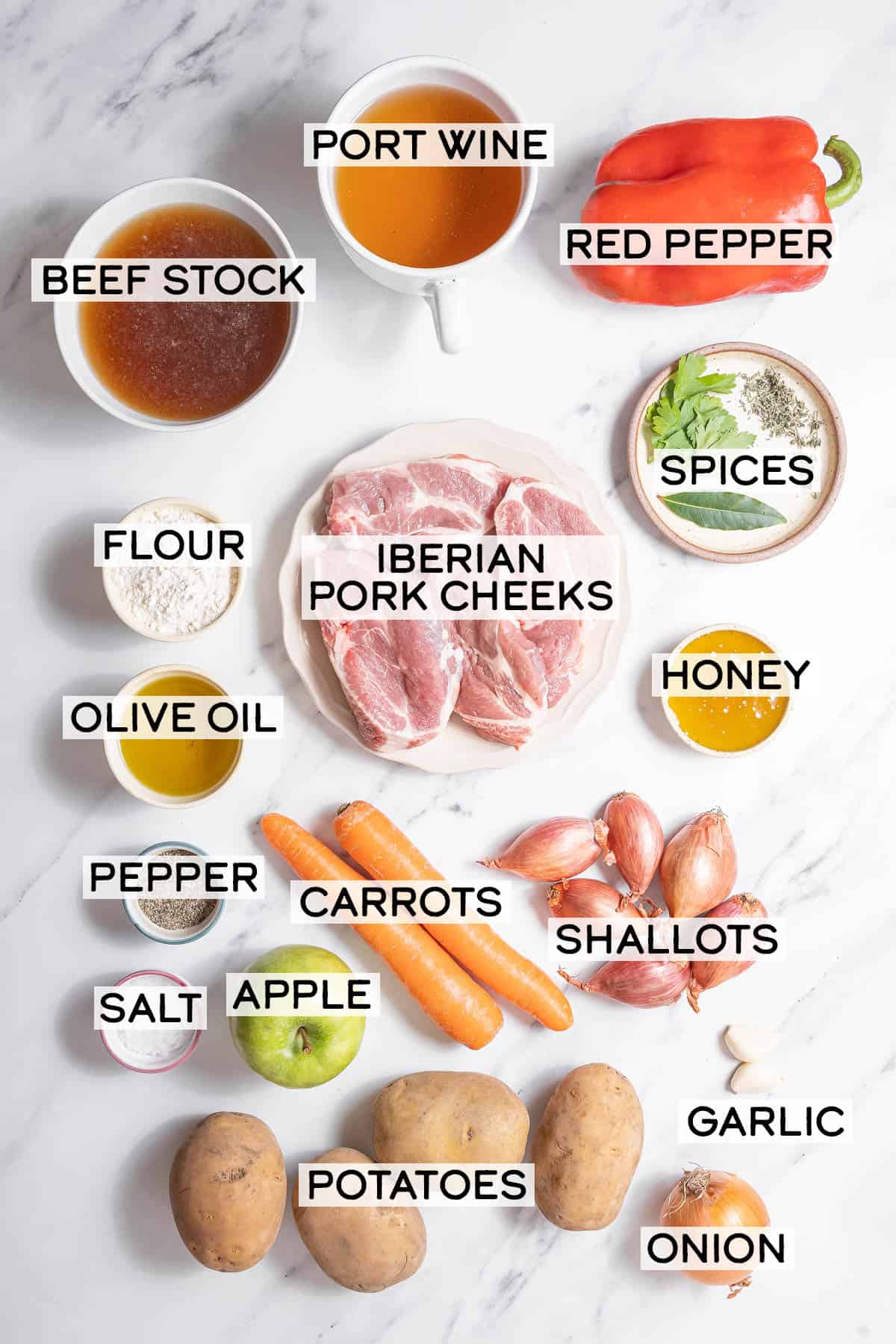 bowls of ingredients for braised pork cheek.