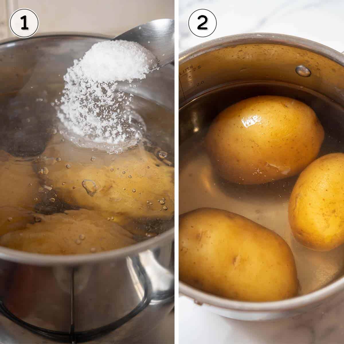 salting the water and boiling potatoes.
