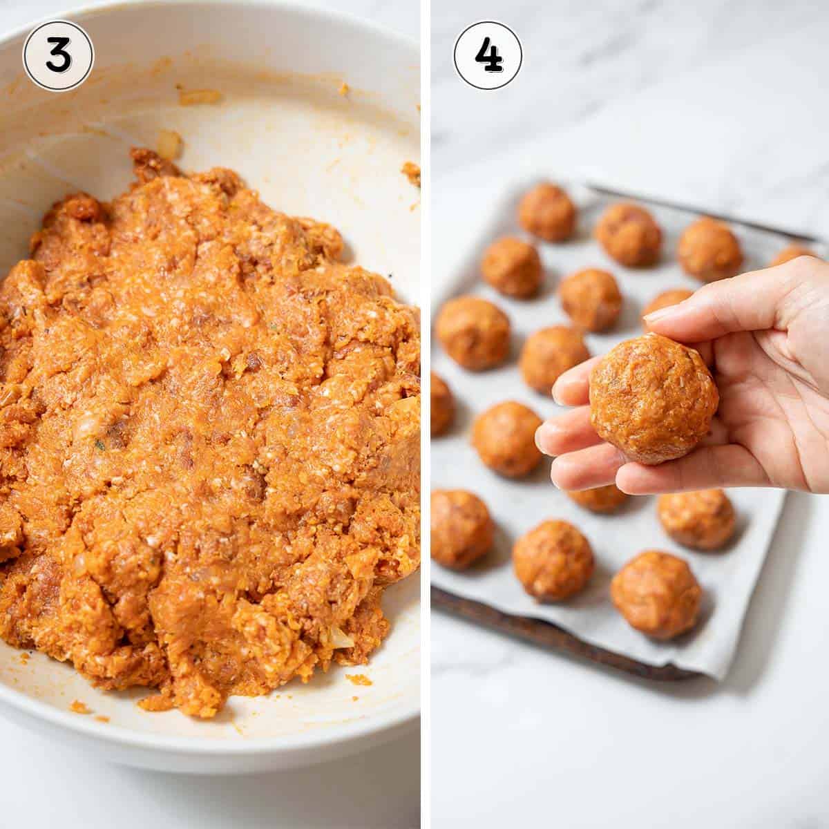 rolling the meatball mixture into balls.