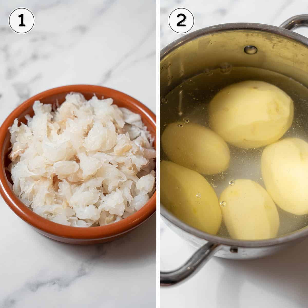 flaked salt cod and pot of boiled potatoes.