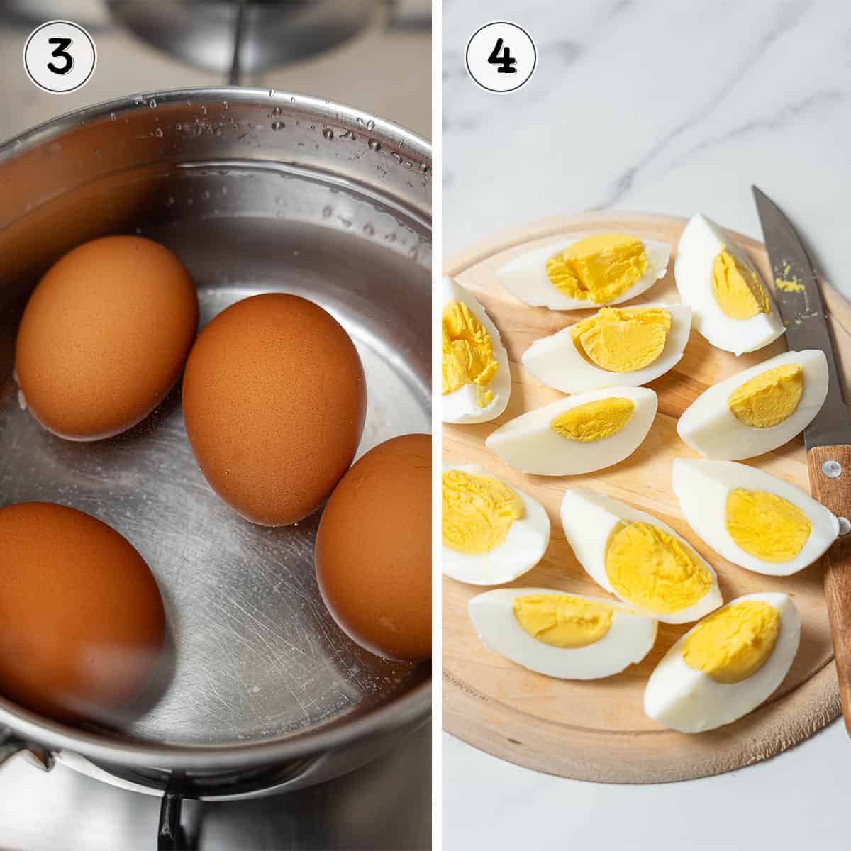 boiled eggs in water and sliced in quarters.