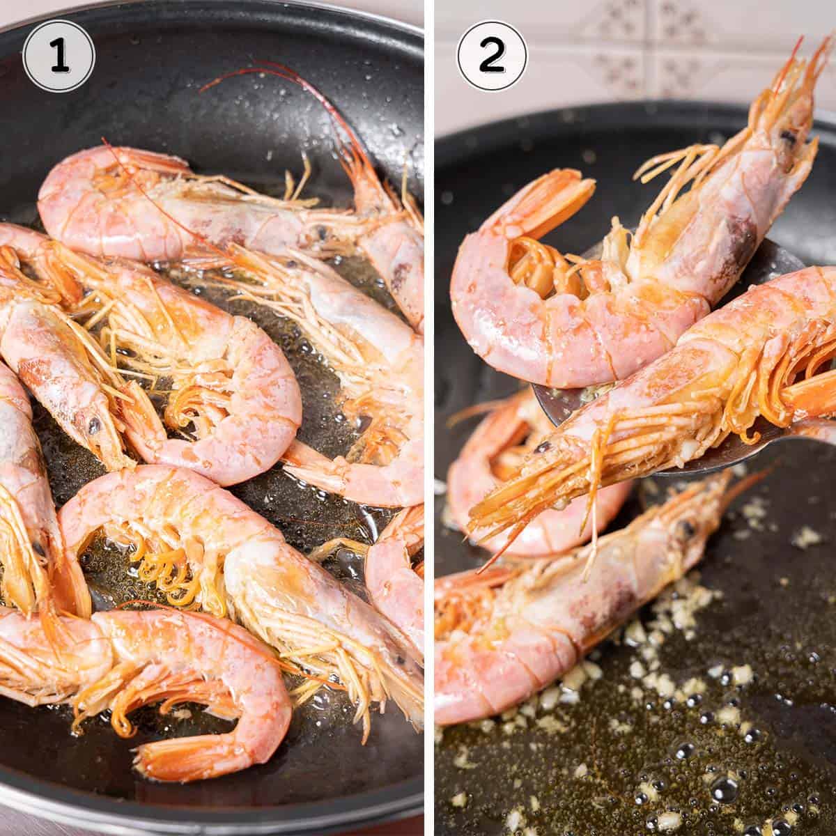 cooking the shrimp in a sauce and removing.