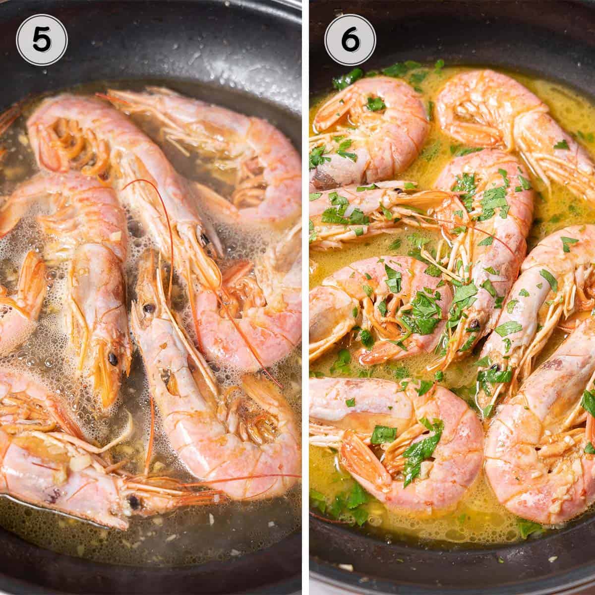 cooking the shrimp in the sauce and adding butter and parsley.