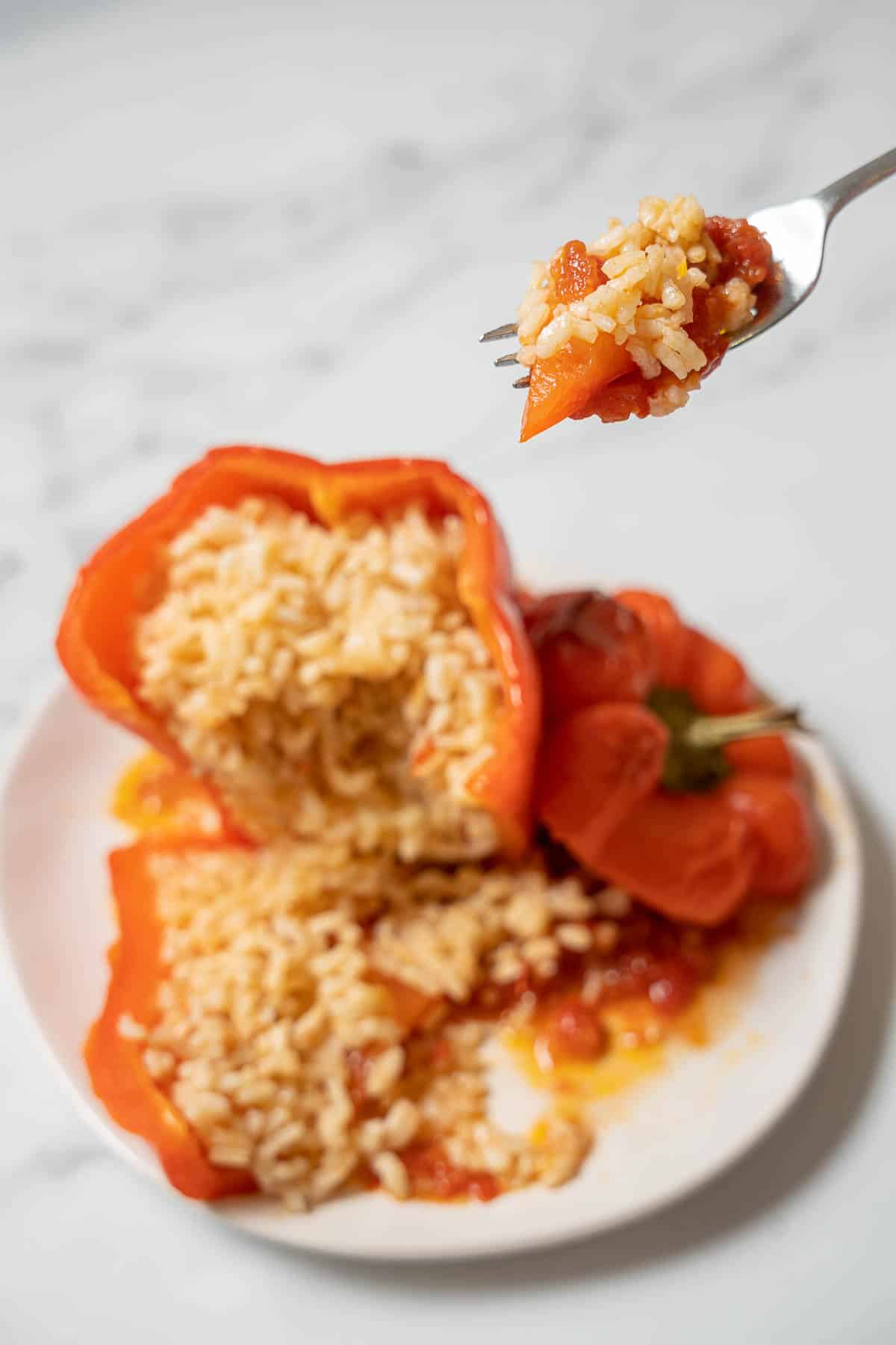 holding a forkful of stuffed pepper.