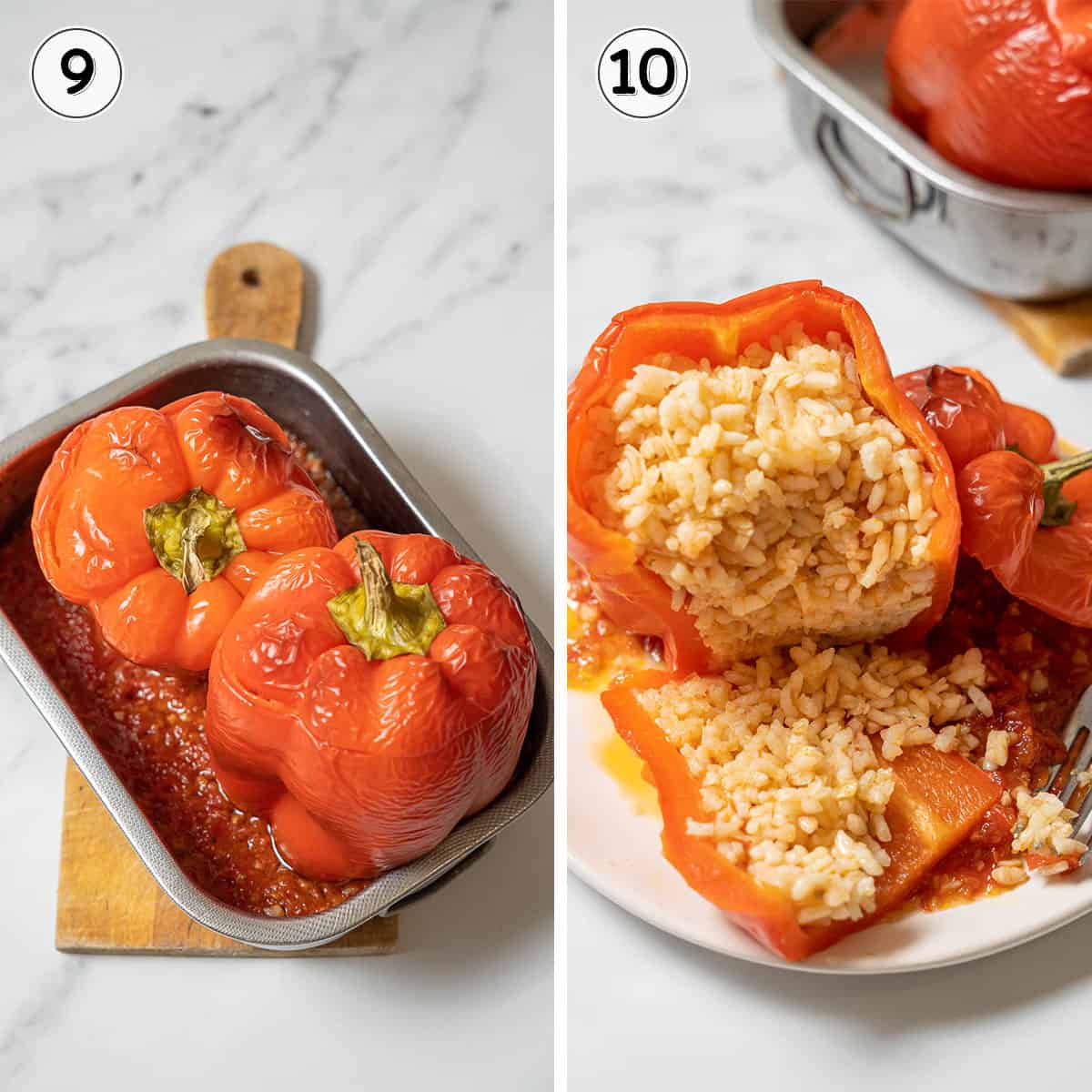 cooked stuffed peppers and served on a plate.