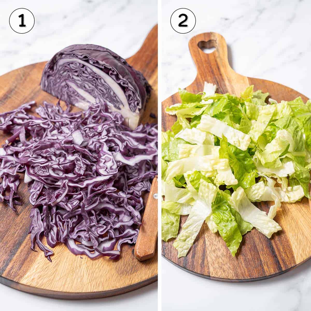 cutting the red cabbage and lettuce for salad.
