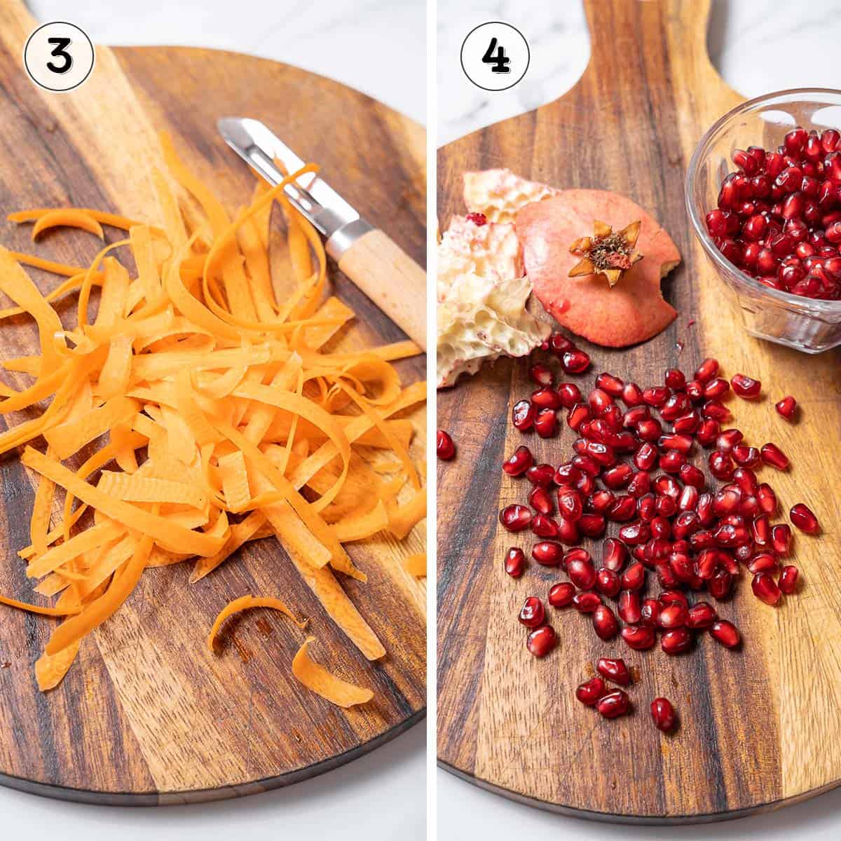 prepping the carrot and pomegranate.