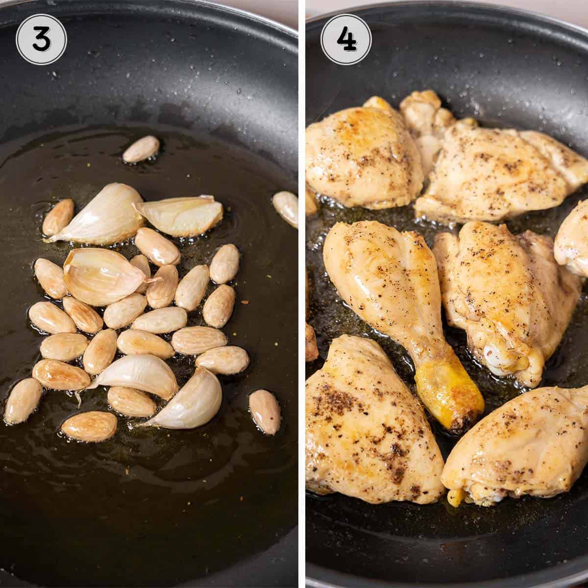 browning almonds, garlic, and chicken.