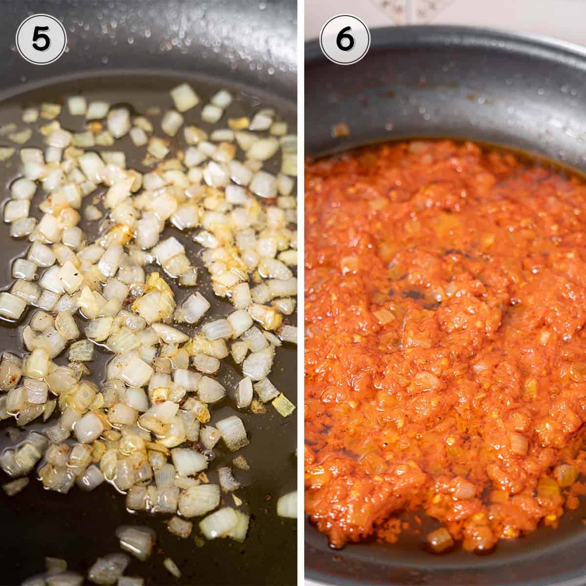 cooking onion and tomato mixture.