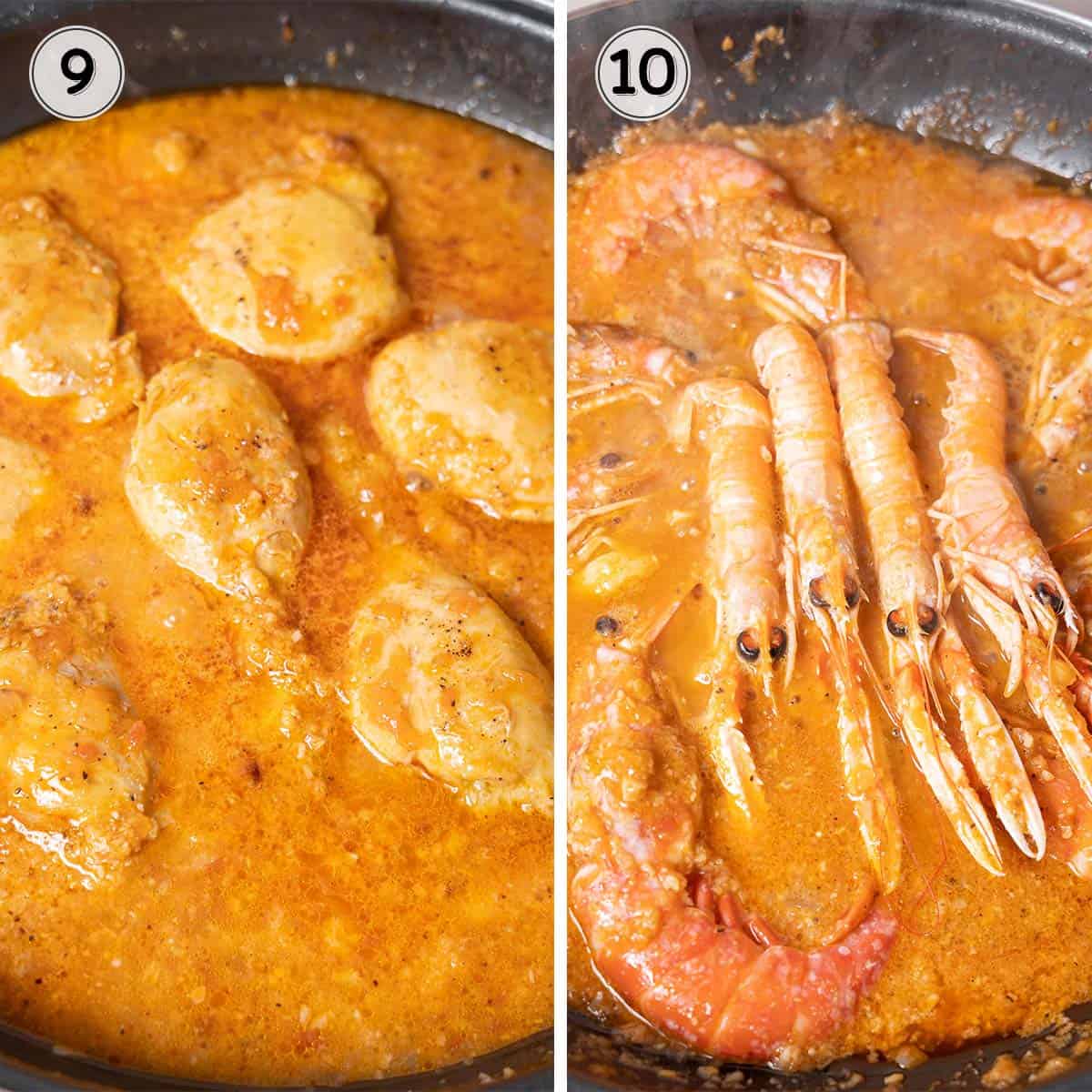 cooking chicken and seafood in the sauce.