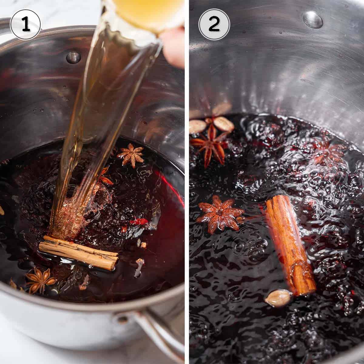 pouring and simmering the red wine mixture.