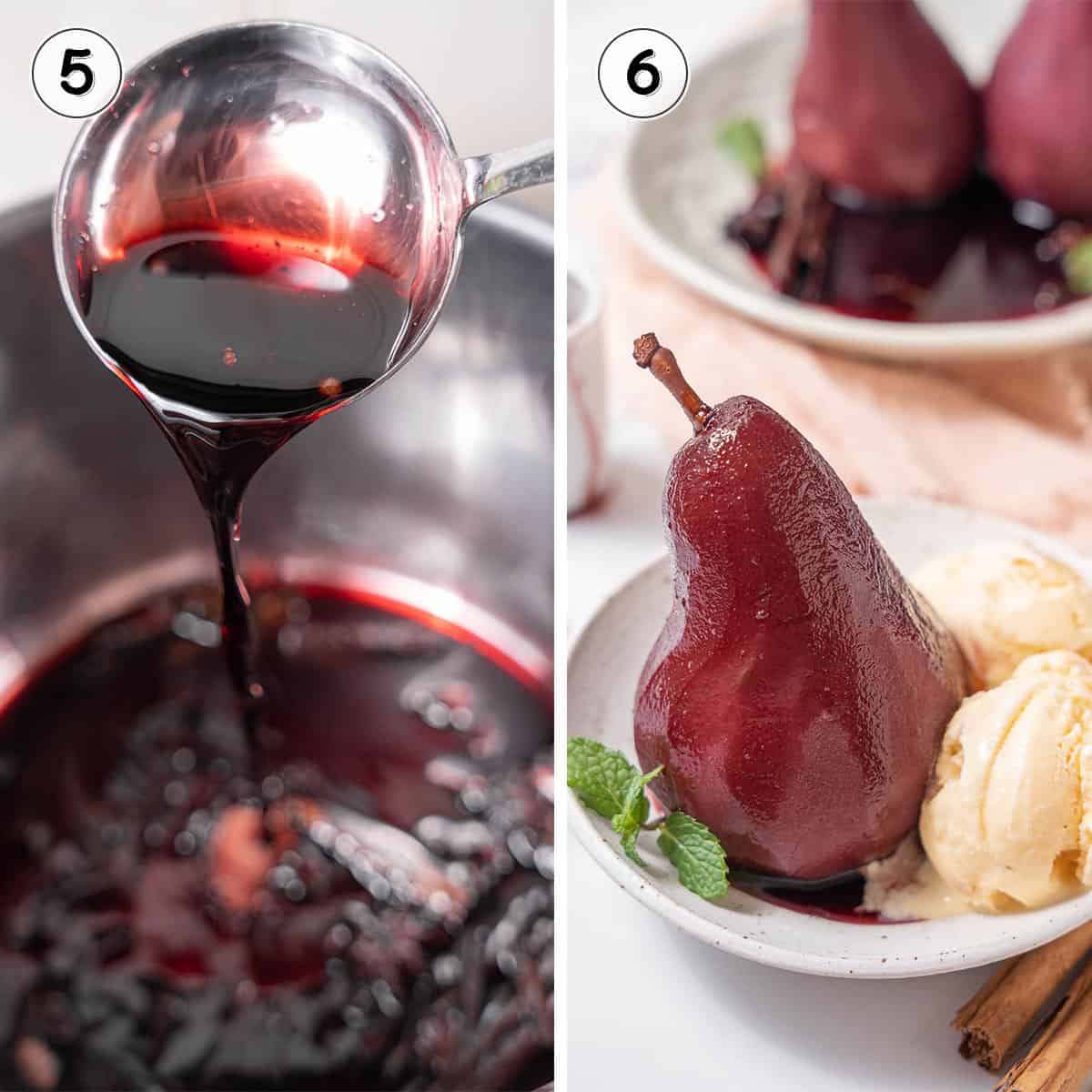 thickening the sauce and serving the poached pears.