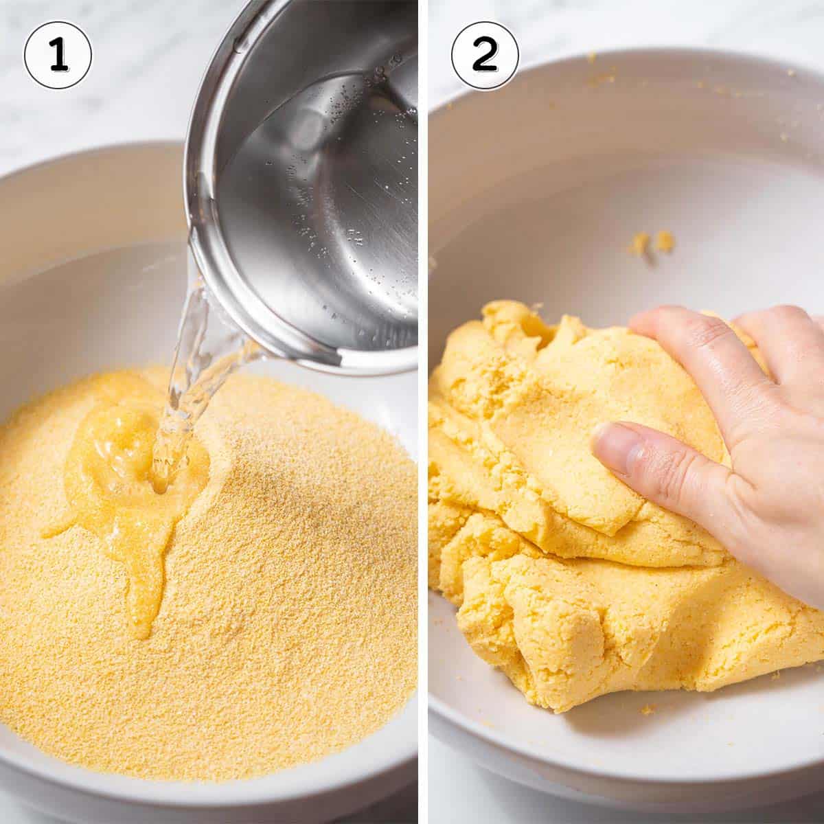 mixing the tortilla dough in a bowl.