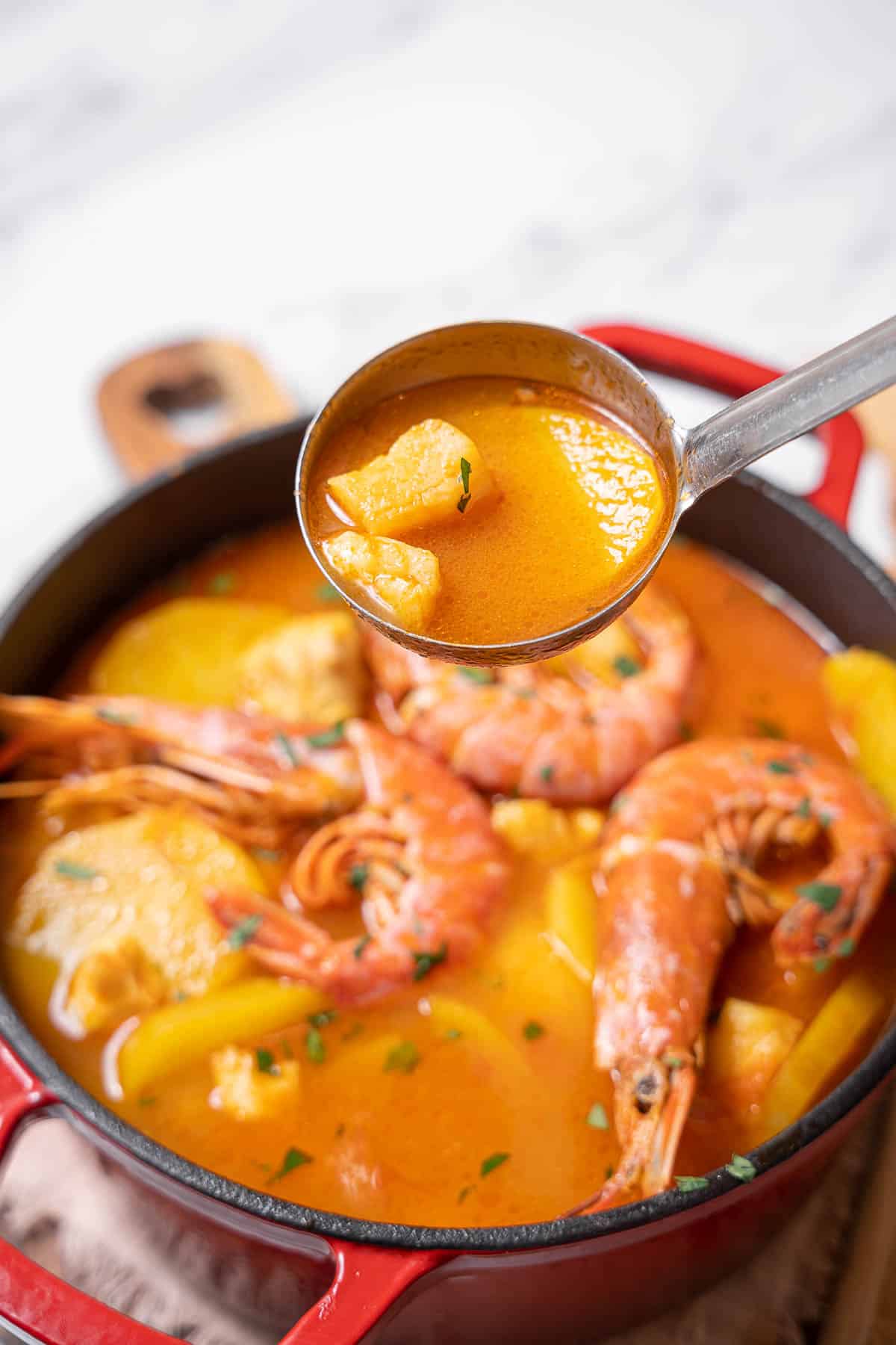 holding a ladle of Catalan fish stew.