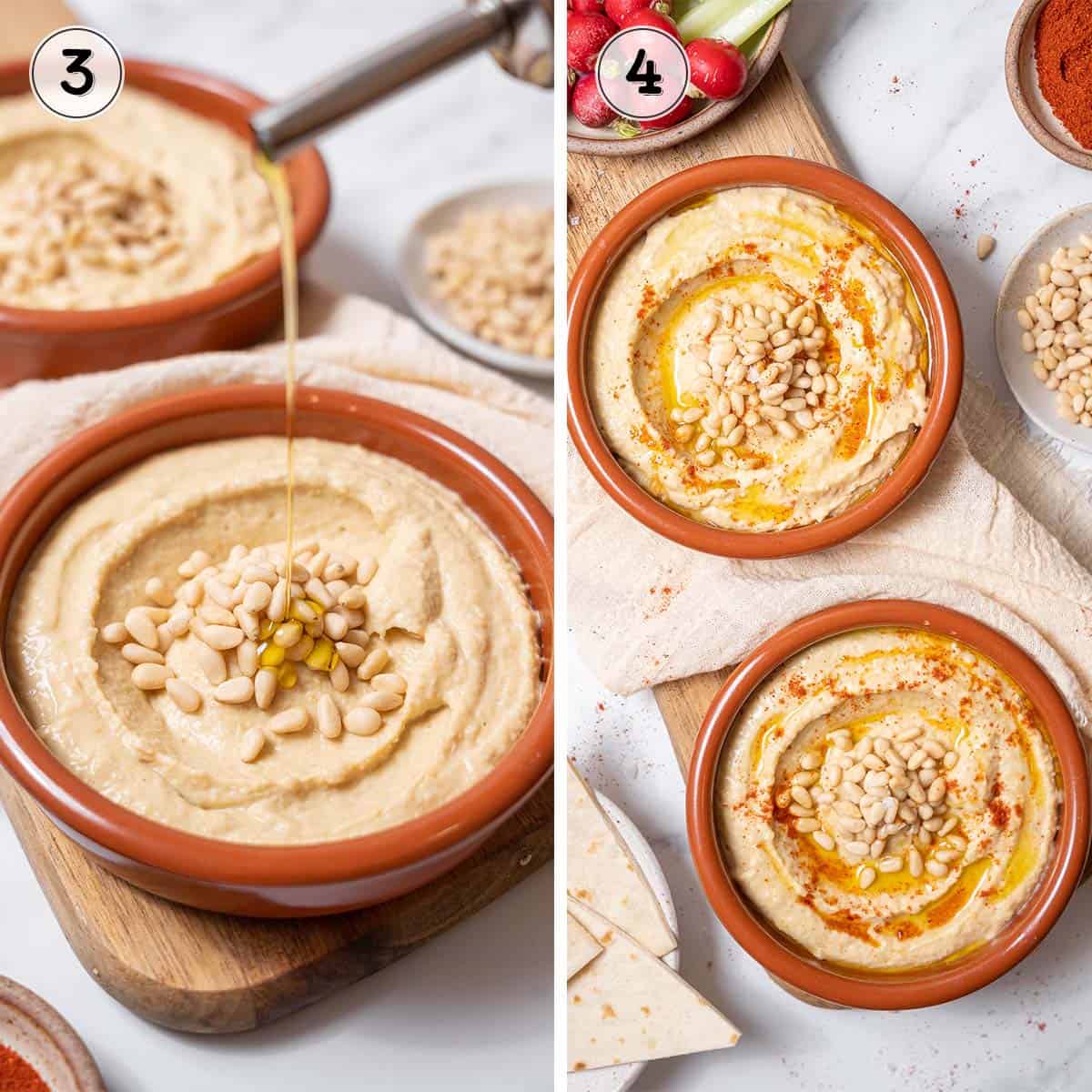 drizzling hummus with oil and serving.