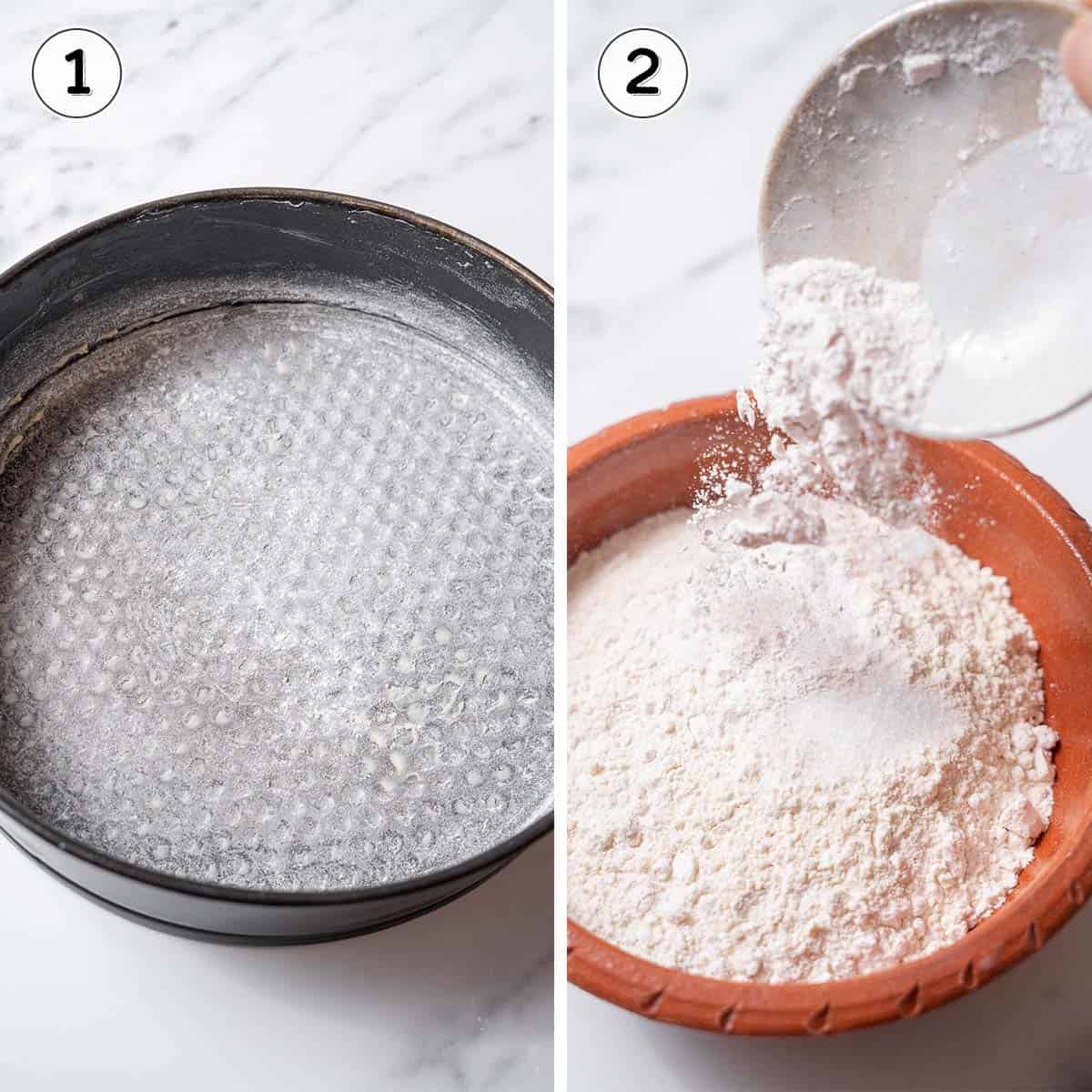 preparing a tin and mixing dry ingredients in a bowl.